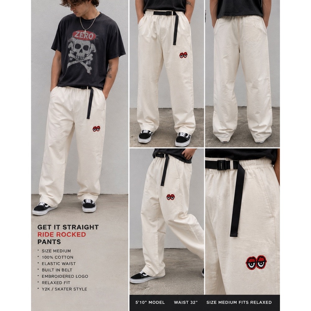 Krooked Skateboards Ride Rocked Pants Cream Relaxed Fit Skater Mens Medium